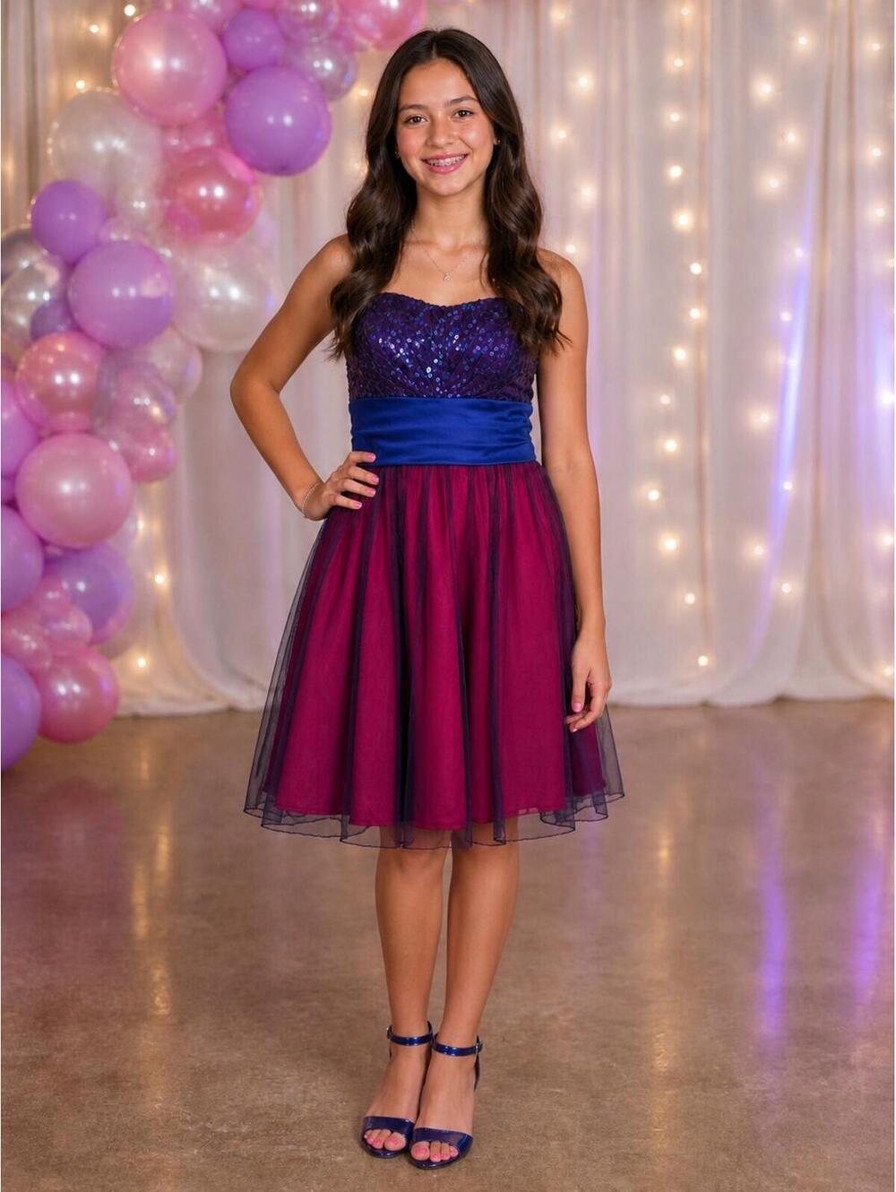 Byline Girl's Strapless Sequin Party Dress Sz 11 Blue Pink Tulle Fit & Flare